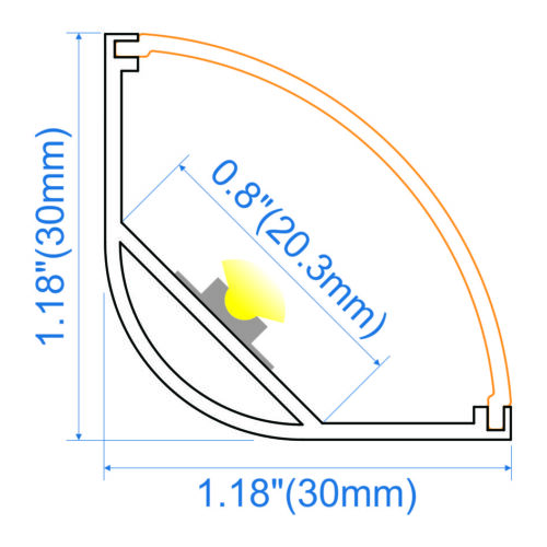 XD3030 surface mounted LED aluminium profile 30x30mm with curved opal polycarbonate diffuser, mounting clips and end caps for high-output linear lighting