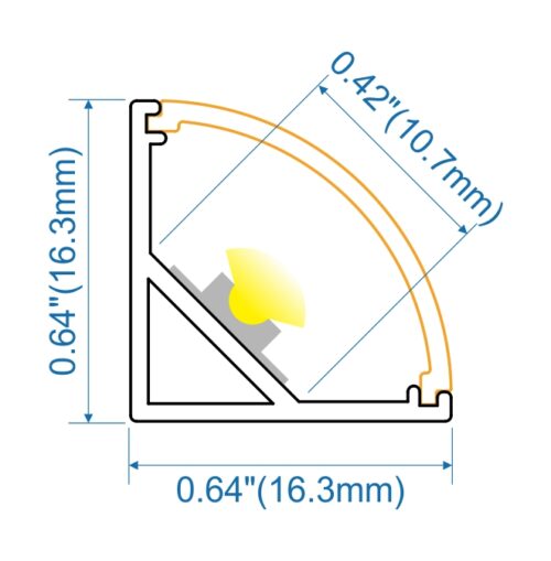 Aluminium LED corner profile 16x16mm with curved opal diffuser for 45 degree corner cabinetry and architectural lighting