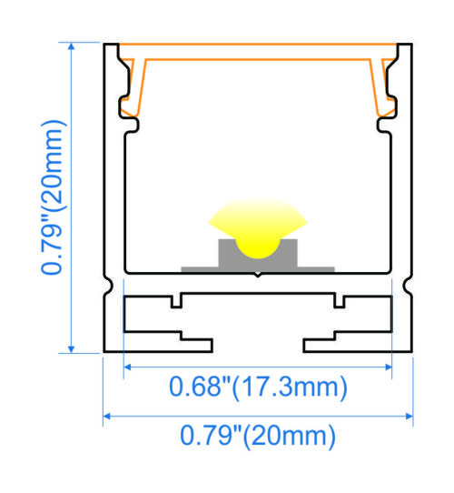 Surface mounted aluminium LED profile 20x20mm with opal diffuser for cabinetry and architectural linear lighting