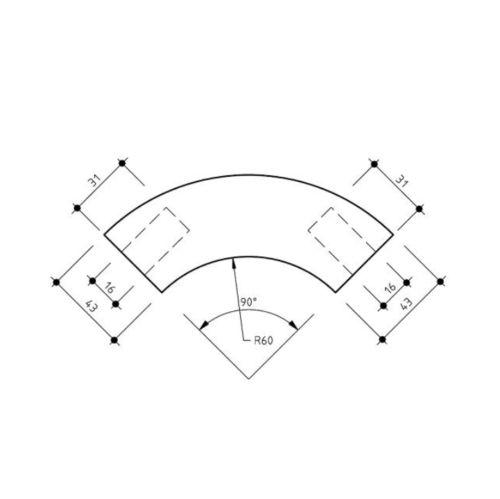 90 Degree Bend 43mm American Oak Timber Handrail Line Drawing