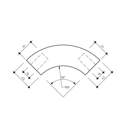 90 Degree Bend 43mm Blackbutt Timber Handrail Line Drawing