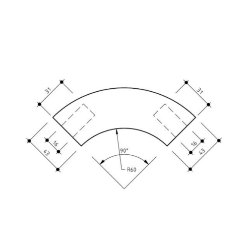 90 Degree Bend 43mm Victorian Ash Timber Handrail Line Drawing