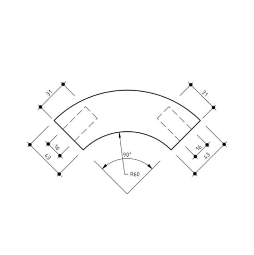 90 Degree Bend 43mm Victorian Ash Timber Handrail Line Drawing