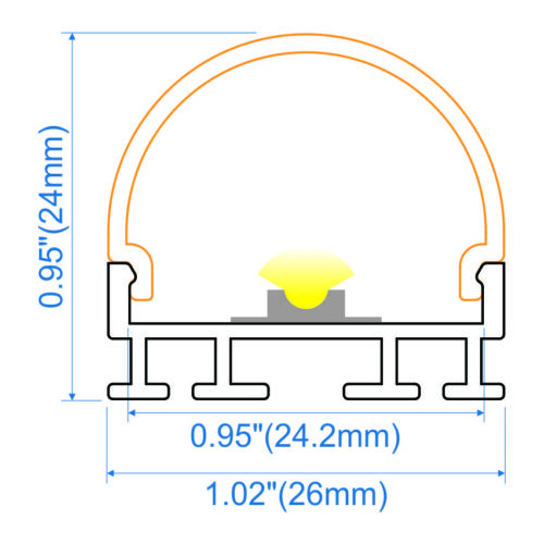 Surface mounted aluminium LED profile 26x24mm with curved opal diffuser for high output architectural and commercial lighting