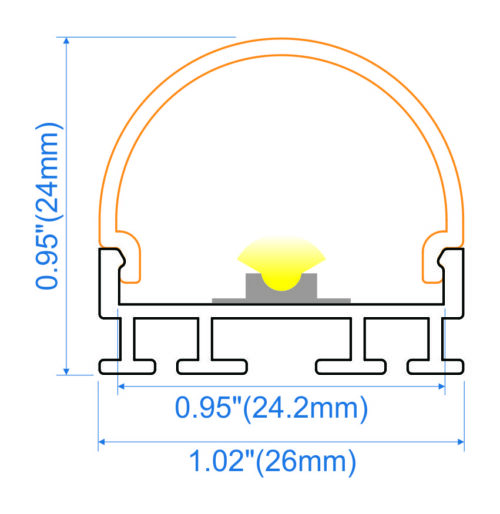 Surface mounted aluminium LED profile 26x24mm with curved opal diffuser for high output architectural and commercial lighting