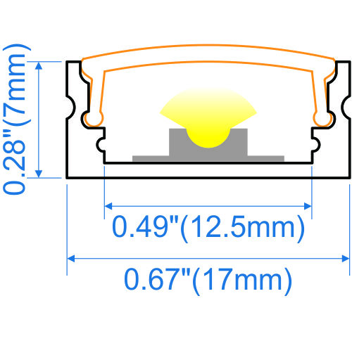 Surface mounted aluminium LED profile 17x7mm with opal diffuser for shallow cabinetry and linear lighting applications