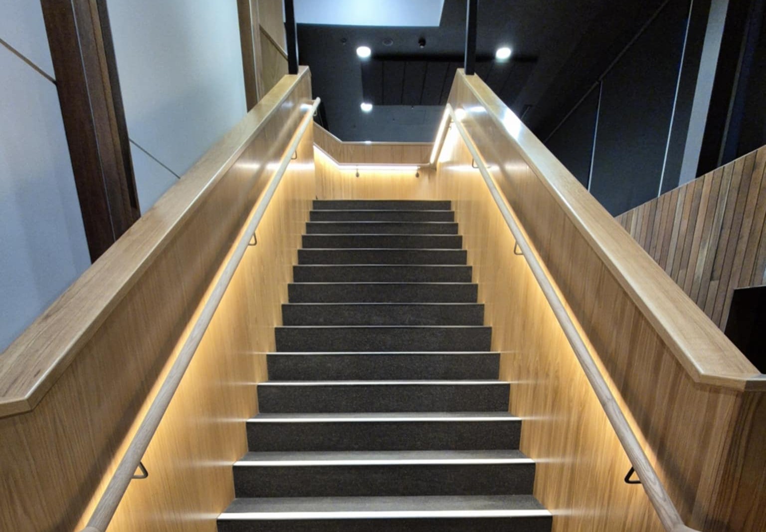 Lightrail_THAO43_American_oak_led_handrail_with_albion_matt_black_brackets_and_Samsung_blackline_BL11_LED_RAHS_Royal_Adelaide_showground