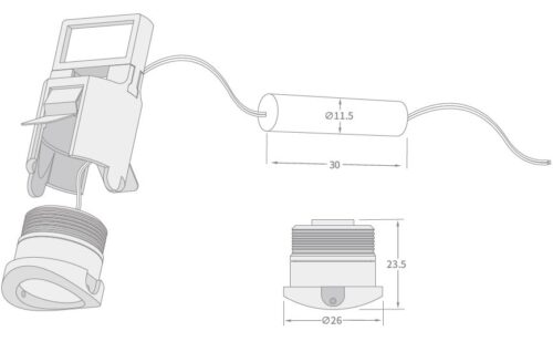 Technical dimensions of the LightrailPOD26 LED handrail light, including the 26mm cut and mounting instructions.