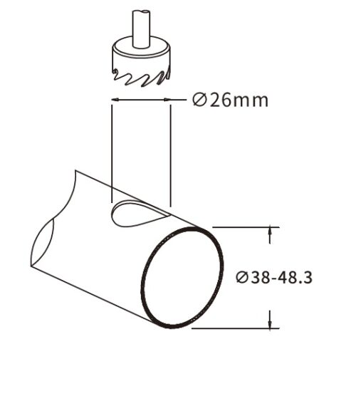 Diagram showing a 26mm drill bit for installing the LightrailPOD26 LED handrail light in handrails.