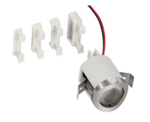 LightrailPOD26 LED handrail light shown with tube adapters for various handrail sizes.