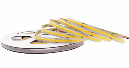 COB480 HE96 high-efficiency dot-free COB LED strip on reel, unlit, showing 480LED/m design