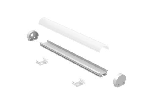 Exploded view of the XD1815 aluminium LED profile showing the 18x15mm extrusion, curved opal polycarbonate diffuser, mounting clips and end caps for surface-mounted lighting applications.