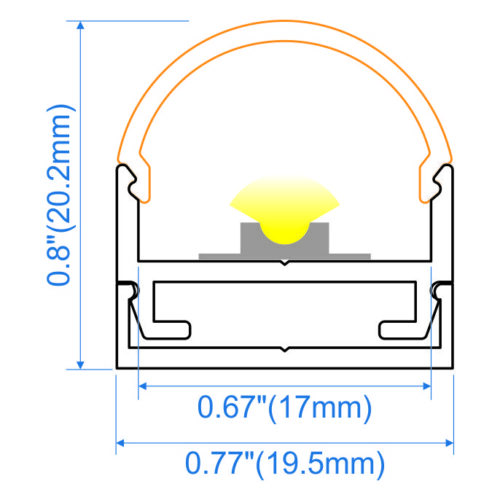 Surface mounted aluminium LED profile 19x20mm with curved opal diffuser for commercial and architectural lighting