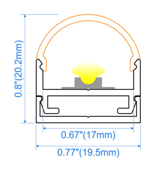 Surface mounted aluminium LED profile 19x20mm with curved opal diffuser for commercial and architectural lighting