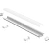Exploded view of recessed aluminium LED profile 25x7mm showing diffuser, extrusion, clips and end caps for joinery lighting